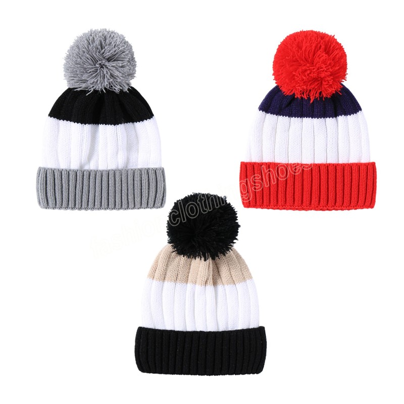 Baby Knit Pompom Beanie Hats Winter Knitted Contrast Color Stripe Hat Kids Warm Crochet Caps Outdoor Cap