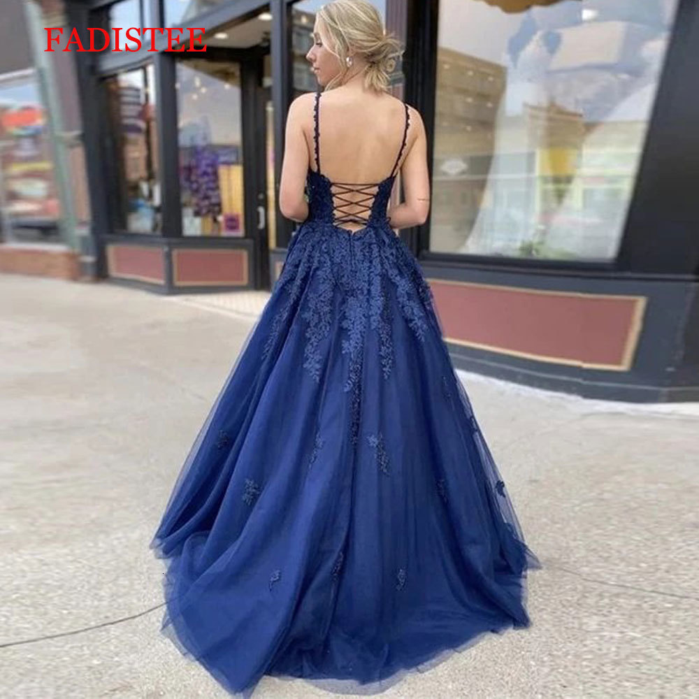 Party Dresses Lace Navy Blue V-neck Vestidos De Fiesta Noche Prom Evening Robe Soiree Gown Frock Long Soft Tulle Lace-up 221128