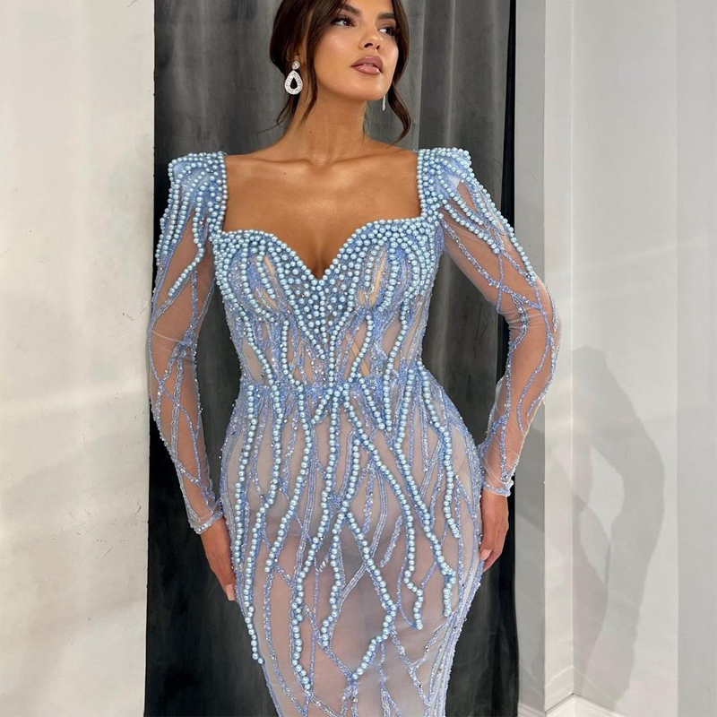 Fancy Light Blue Mermaid Prom Dresses Pearls Beaded Lace Party Dresses Sweetheart Illusion Custom Made Evening Dress