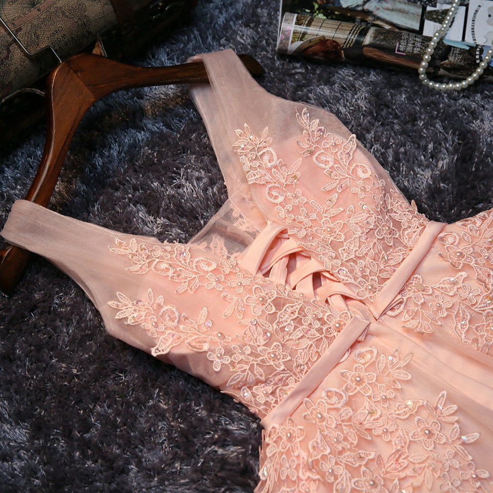 Party Dresses Elegant Pearl Pink Prom Sexy Dress Short V Neck Appliques Beading Lace Up Knee-Length Graduation Gowns 221128