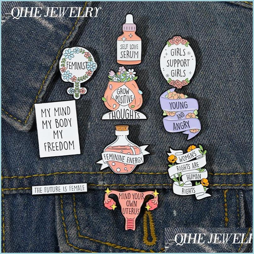 Pins Brooches Quotes Women Power Enamel Pins Energy Brooch Bottle Self Love The Future Is Female Girls Support Jewelry Gift Dhgarden Dhgxu