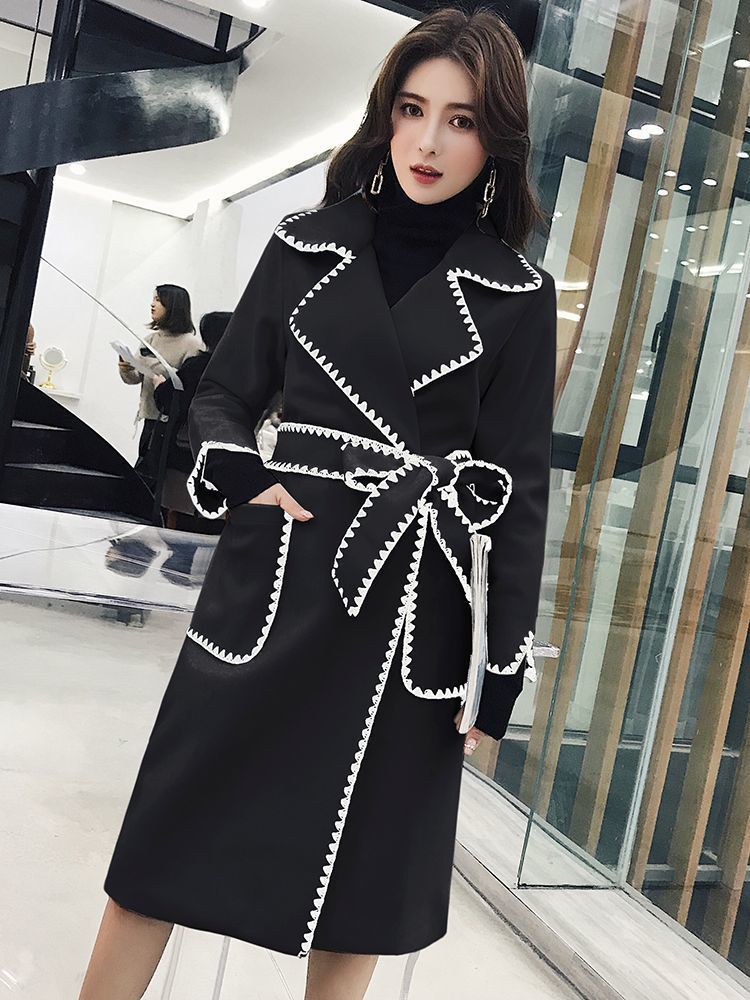 Women's Wool Blends Autumn Winter Fashion Wavy Side Embroidery Long Jacket Coat Women Notched Full Sleeve Thick Pocket Sashes Woolen Outerwear 22