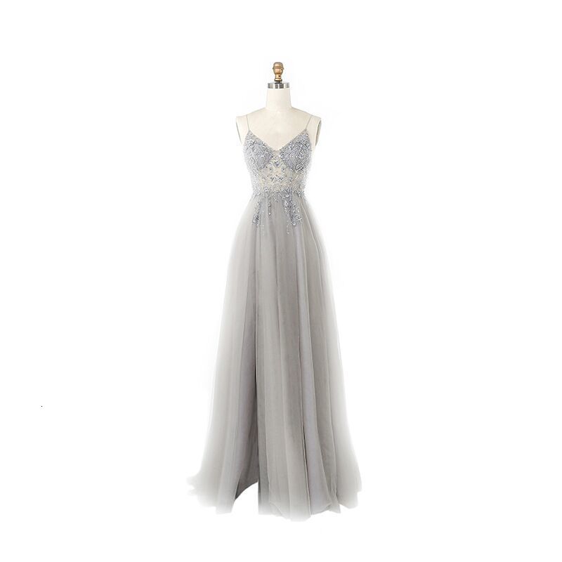 Party Dresses Beaded Crystal Prom Long Sexy See Through A-Line Split Tulle V Neck Spaghetti Strap Evening Formal Gown 221128