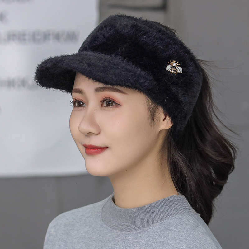 Ball Caps Woman Girl Mink Hair Visor Bee Knitted Autumn Winter Hat Solid Color Elastic Cycling Running Golf Empty Top 221129