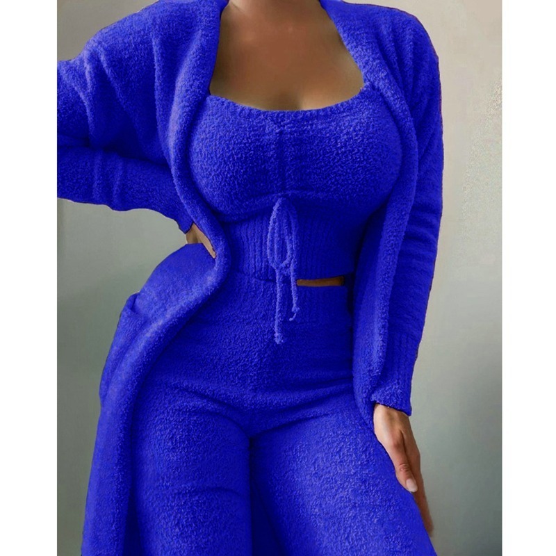 Women's Two Piece Pants Autumn Winter Soft Fluffy Three Piece Sets Women Sexy Off Shoulder Crop Tops And Long Pants Homesuit Casual Ladies 3 Piec
