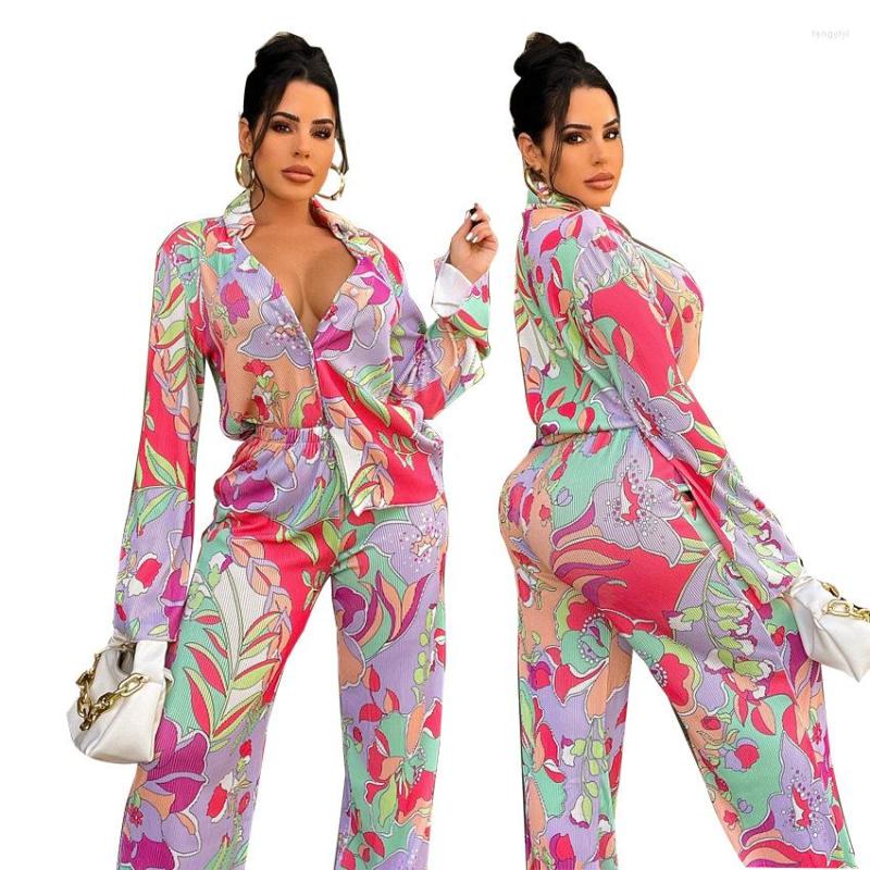 Women's Two Piece Pants Women 2 Pieces Sets Fashion Printed Shirts Casual Long Blouse & Trousers Elegant Sexy Matching