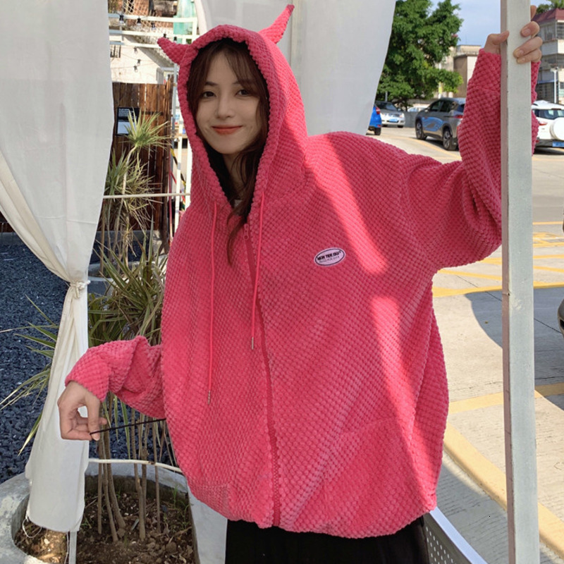 Women's Hoodies Sweatshirts Autumn Women Harajuku Punk Gothic Devil Horn Hooded Sweatshirt Plaid Teens Zip-Up Casual Loose Streetwear Party Cloth