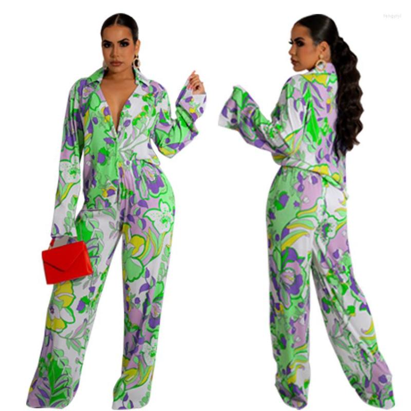 Women's Two Piece Pants Women 2 Pieces Sets Fashion Printed Shirts Casual Long Blouse & Trousers Elegant Sexy Matching