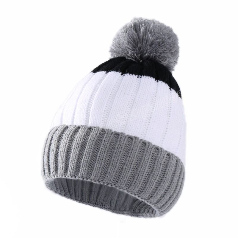 Baby Knit Pompom Beanie Hats Winter Knitted Contrast Color Stripe Hat Kids Warm Crochet Caps Outdoor Cap