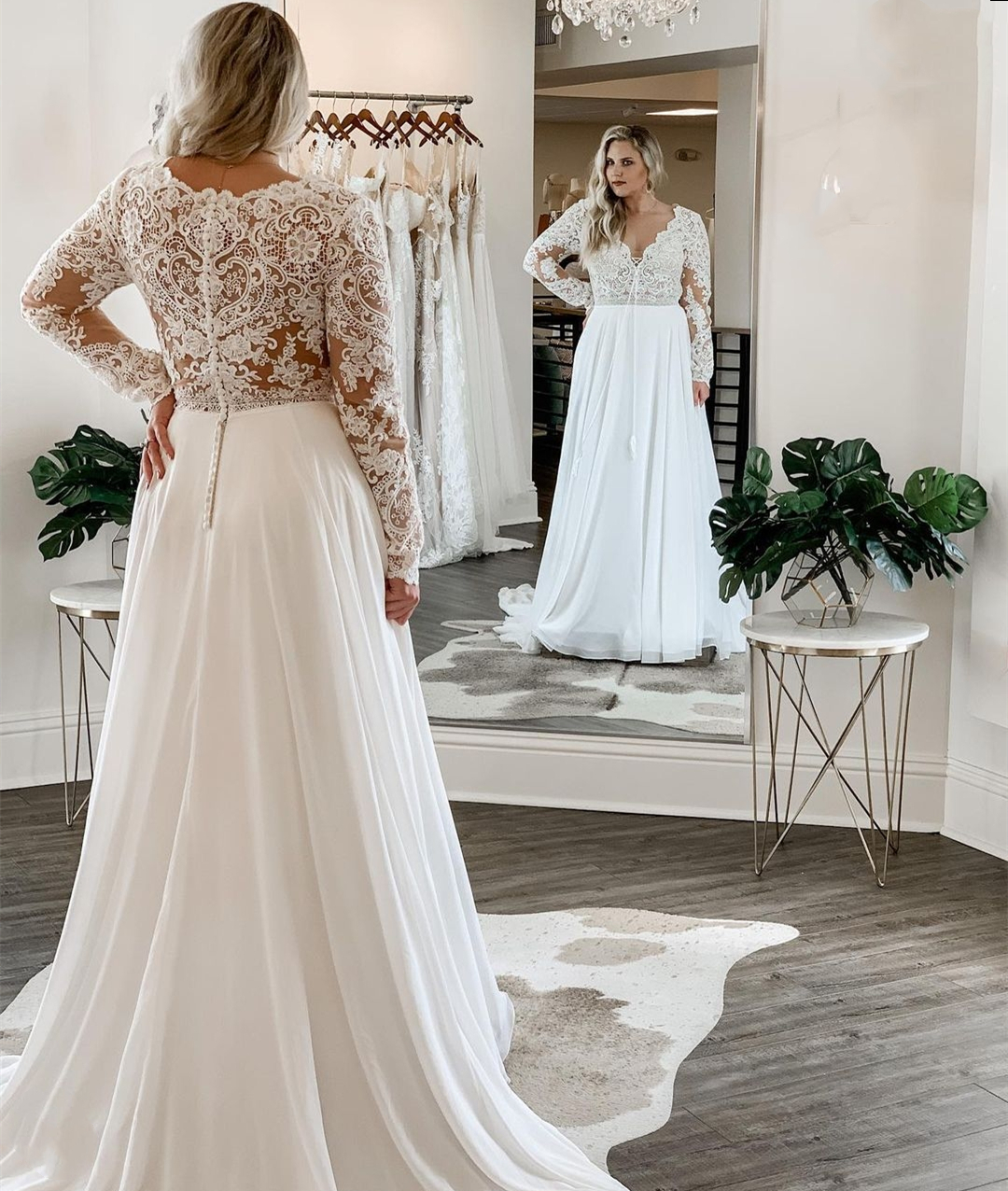 Plus Size Wedding Dress Long Sleeve or Length Chiffon Lace Appliques Bridal Gown De Mariee Simple Big Elegant Robe