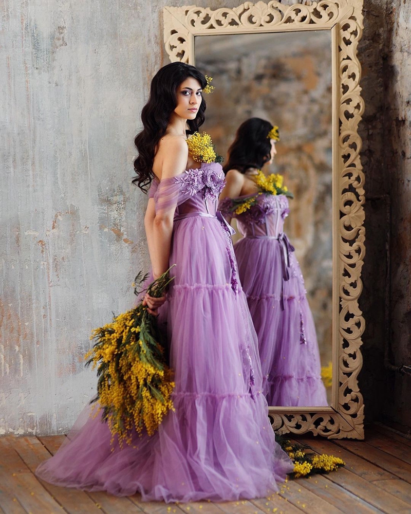 Lilac Lavender Applique Prom Dresses princess Off-Shoulder Florwer Fairy Floral Tulle Evening Dress Puffy Dress Photoshoot
