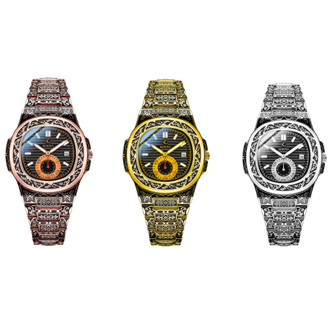 Wristwatches KEROYA Style Engrave Fashion Business Steel Belt Luxury Stainless Sculpture Quartz Watch For Drop 221128