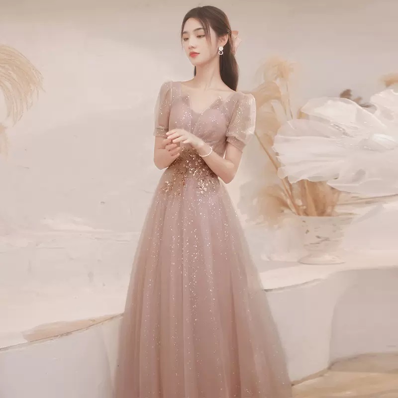 Party Dresses DEERVEADO A Line V Neck Tulle Appliques Prom Long Puff Sleeves Formal for Women Maxi Gown 221128