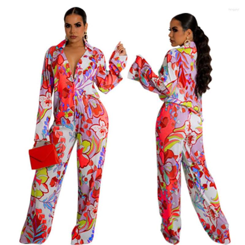 Women's Two Piece Pants Women 2 Pieces Sets Fashion Printed Shirts Casual Long Blouse & Trousers Elegant Sexy Matching