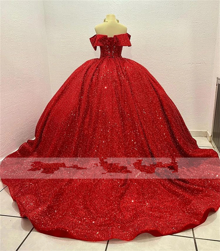 Luxury Red Beaded Quinceanera Dresses gillter Ball Gown Birthday Party princess Lace Up Graduation dress quinceanera de 15 anos