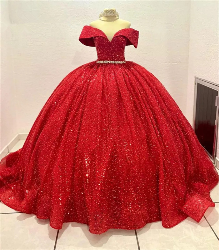 Luxury Red Beaded Quinceanera Dresses gillter Ball Gown Birthday Party princess Lace Up Graduation dress quinceanera de 15 anos