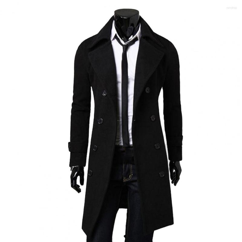 Men's Trench Coats Casual Men Jacket Autumn Winter Coat Turndown Collar Pockets Warm Pure Color