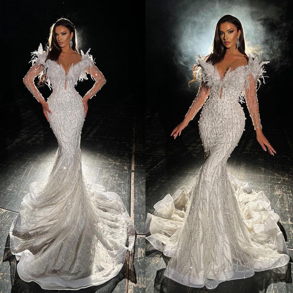 Glamorous Mermaid Wedding Dresses Transparent Bateau Shining Beaded Applicant Long Sleeves with Feather Court Gown Custom Made Plus Size Vestidos De N