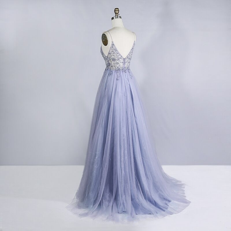 Party Dresses Beaded Crystal Prom Long Sexy See Through A-Line Split Tulle V Neck Spaghetti Strap Evening Formal Gown 221128