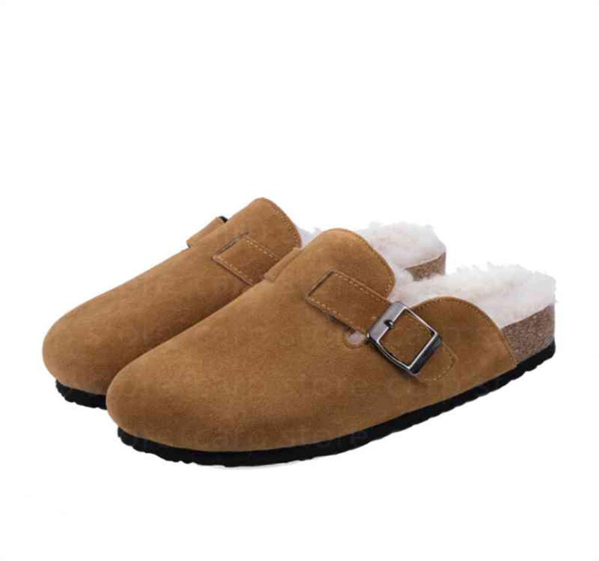 Fashion Winter Slipper Leather Mule Slippers Long Plush Warm Indoor Soft Cork Buckle Slides Footwear For Women82408