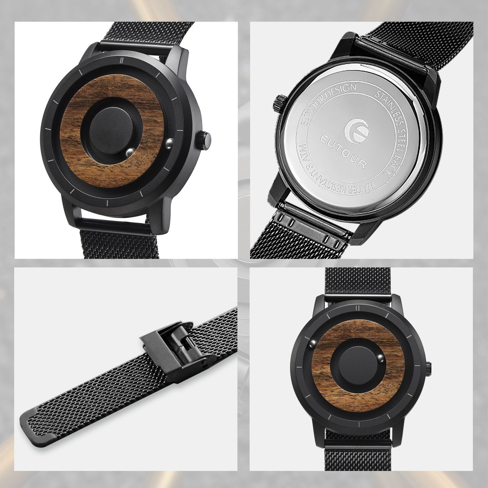 Wristwatches EUTOUR Original Magnetic Wooden Dial Fashion Casual Quartz Watch Simple Men s Stainless Steel Leather Strap 221128