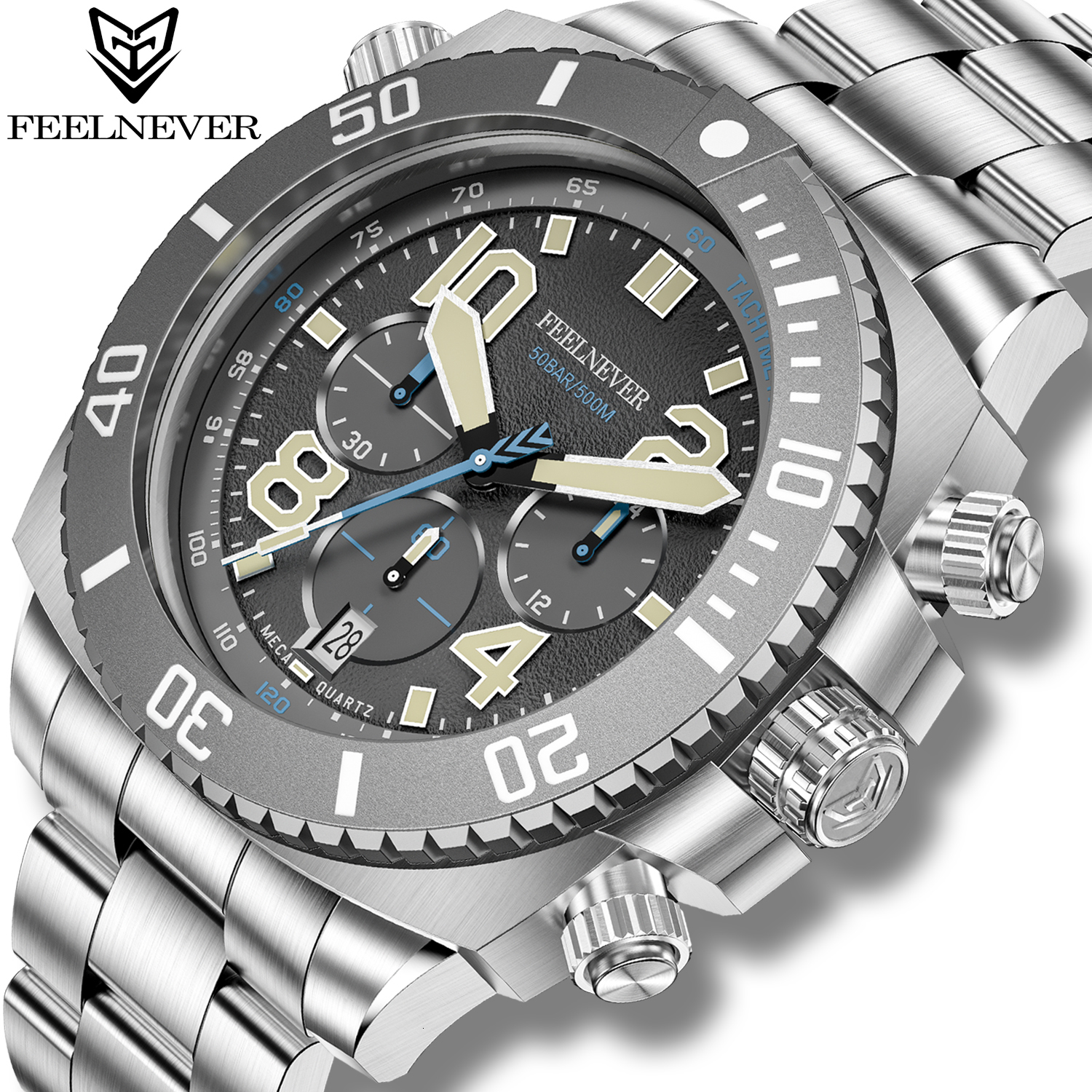 Wristwatches FeelNever Sport Dive Men Watch Stainless Steel Big Dial Watches For 500M Waterproof Quartz Clock Sapphire Crystal Wristwatch 221128