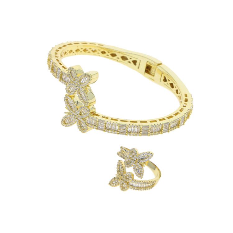 Iced out wide band bracelet bangle with butterfly charm bracelet ring set paved 5A Cubic Zircon stone for Women Men hip hop jewelry wholesale