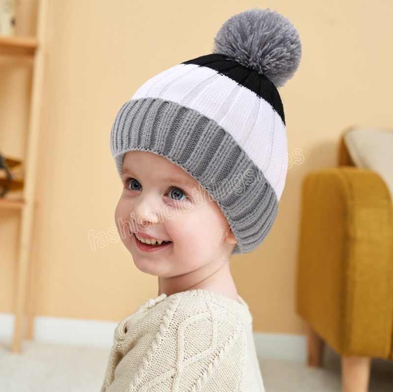 Baby Knit Pompom Beanie Hats Winter Knitted Contrast Color Stripe Hat Kids Warm Crochet Caps Outdoor Cap