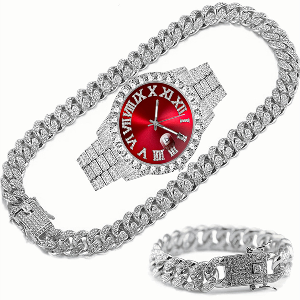 Wristwatches Full Iced Out Watch Mens Cuban Link Chain Bracelet Necklace Choker Bling Jewelry for Big Gold Chains Hip Hop Set 221128
