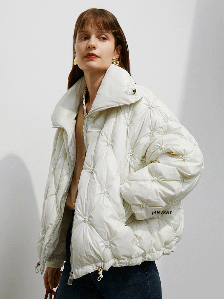 Women s Down Parkas Janveny Women Winter Fashion Oversize Short Jacket Female Waterproof Glossy Shiny Warm Casual Pearl Beading Puffy Coat 221128