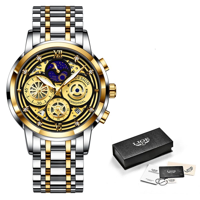 Wristwatches LIGE Fashion Men Watch Calendar Stainless Steel Top Brand Luxury Sports Chronograph Quartz Relogio Masculino Box 221128