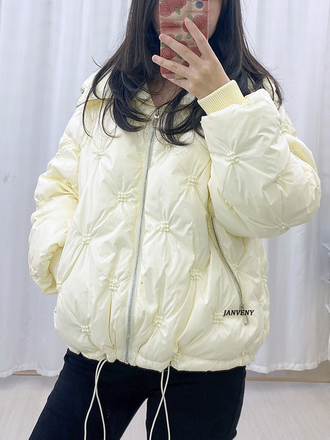 Women s Down Parkas Janveny Women Winter Fashion Oversize Short Jacket Female Waterproof Glossy Shiny Warm Casual Pearl Beading Puffy Coat 221128