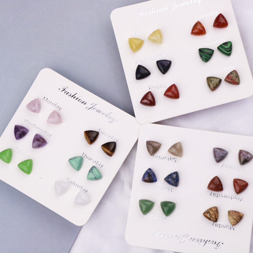 Natural Stone Triangle Stud Earrings Crystal Quartz Tiger Eye Amethyst Agate Stainless Steel Earring Jewlry for Women
