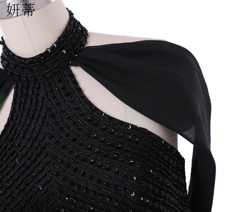 Party Dresses Elegant Black Open Back Chiffon Mermaid Prom Halter Neck Beading Sequin Off The Shoulder Sleeveless Evening Dress 221128