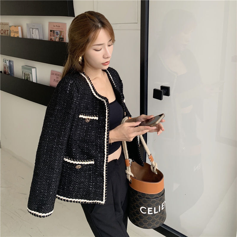 Wo Jacket Coat Women Outerwear Female Spring Autumn Tweed Round Neck Casual Coats Channel Style Za Suit Cropped Retro Tops 221129