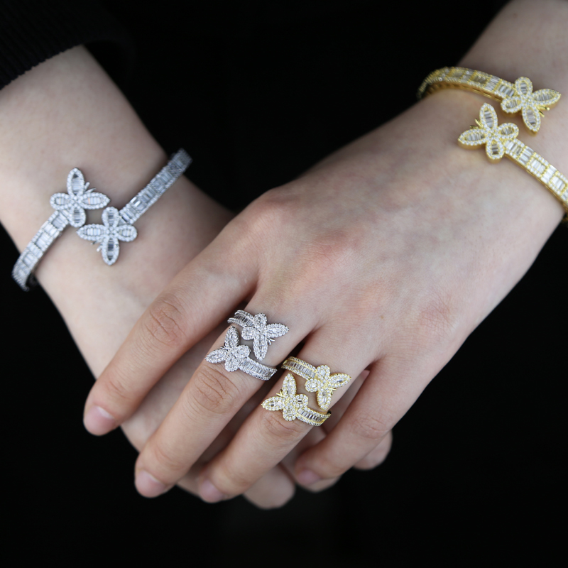 Iced out wide band bracelet bangle with butterfly charm bracelet ring set paved 5A Cubic Zircon stone for Women Men hip hop jewelry wholesale