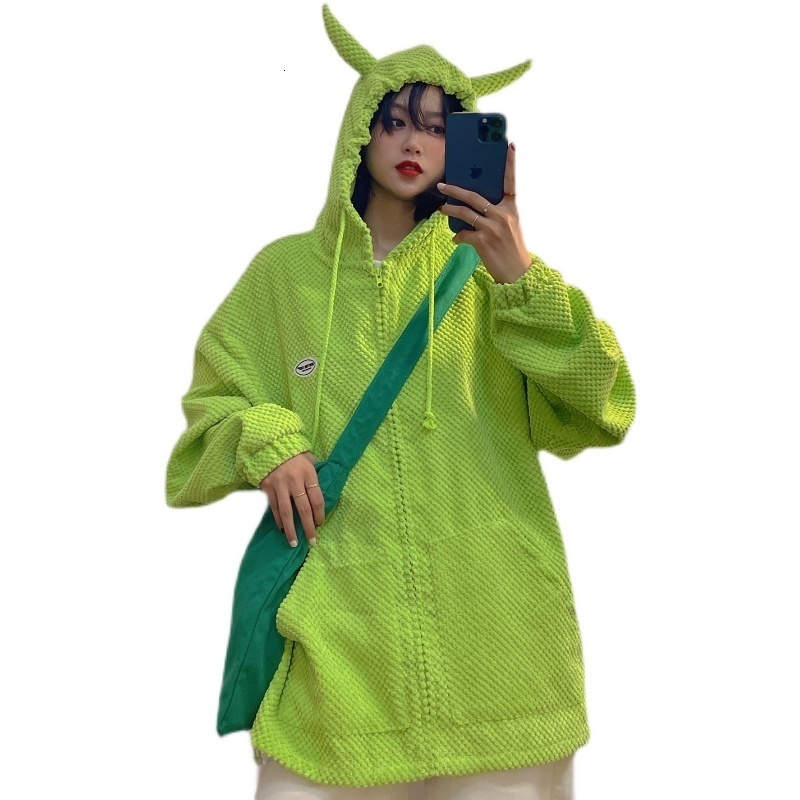 Women's Hoodies Sweatshirts Autumn Women Harajuku Punk Gothic Devil Horn Hooded Sweatshirt Plaid Teens Zip-Up Casual Loose Streetwear Party Cloth