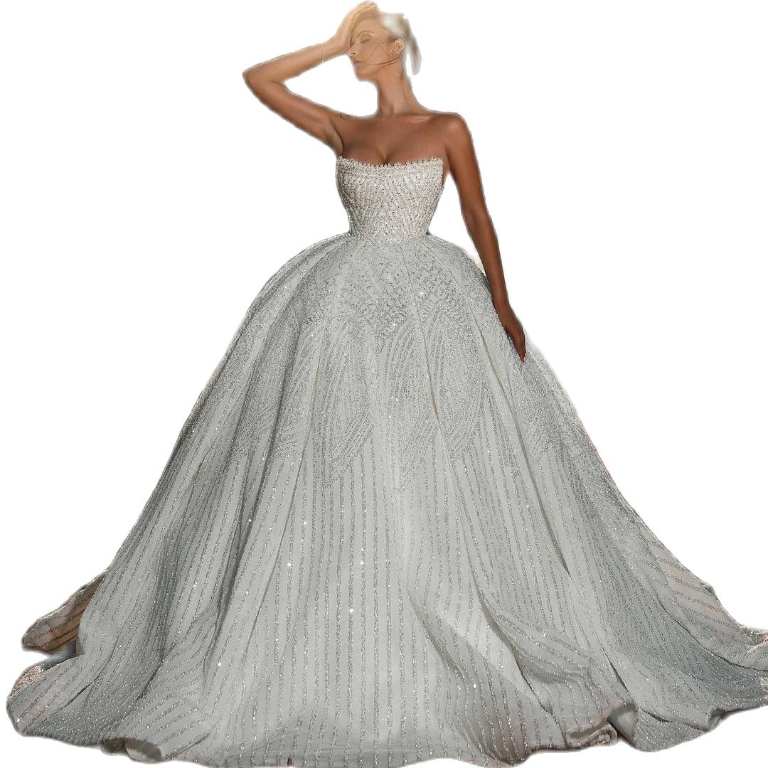 Exquisite Strapless Pearls Wedding Dress Ball Gown Custom Made Shiny Sequins Lace Sleeveless Church Bridal Dresses