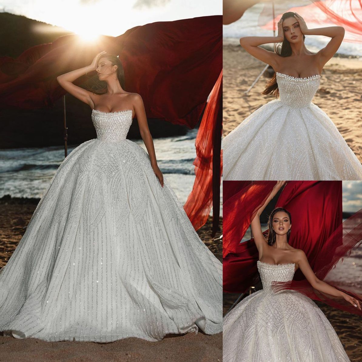 Exquisite Strapless Pearls Wedding Dress Ball Gown Custom Made Shiny Sequins Lace Sleeveless Church Bridal Dresses