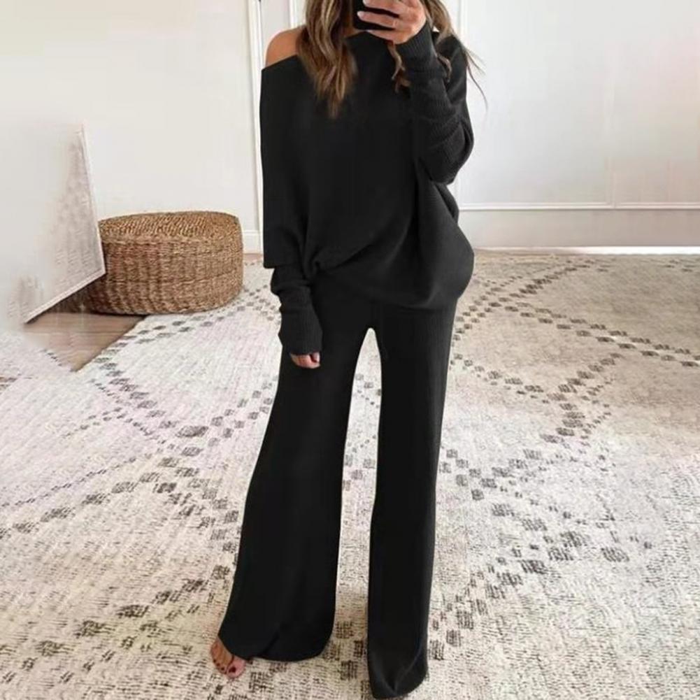 Women's Two Piece Pants 2pcs Autumn Winter Pant Suits Outfits Knitted Pullover Top Wide Leg Twopiece Set Tracksuits 221129