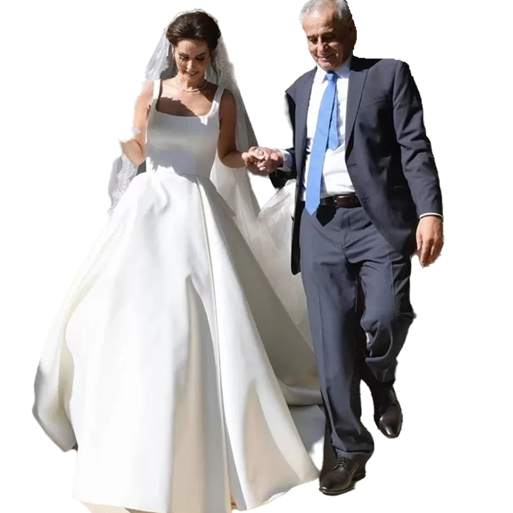 Romantic A Line Satin Wedding Dresses Bridal Gowns With Chapel Train Bow Back Square Neck Backless Simple Garden Bride Dress Elegant Vestido De Novia 