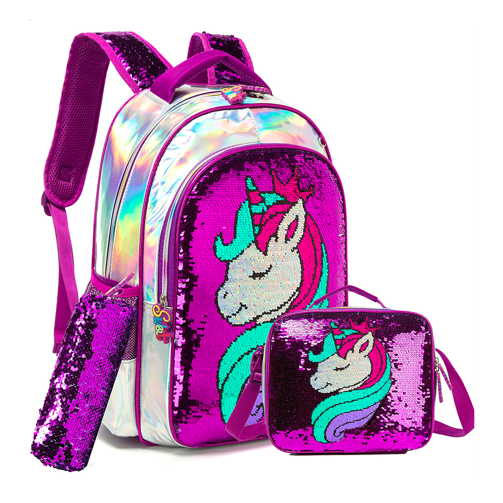 Backpacks BIKAB Unicorn School Bag Double Sided Sequin Set Lightweight Kawaii Girl Supplies for Girls 221129