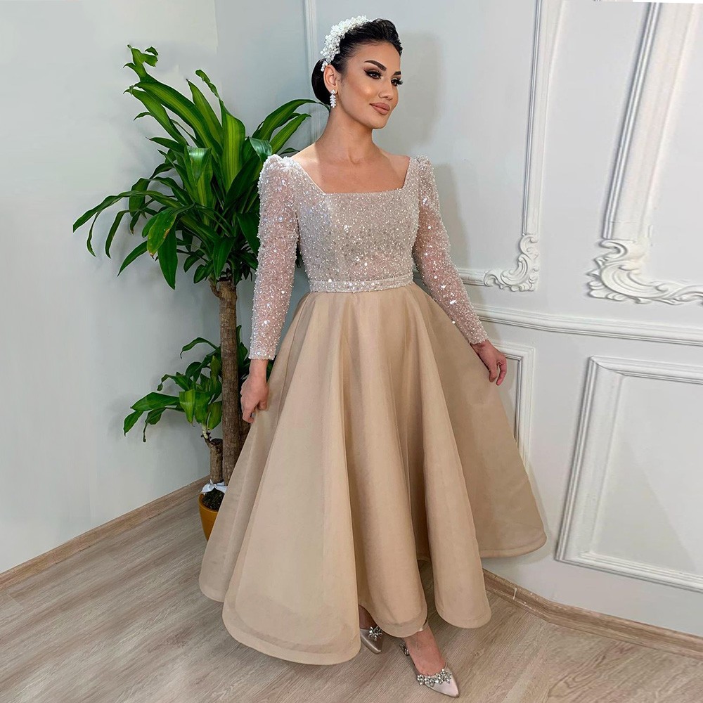 Champagne Dubai Evening Night Dress for Women 2023 Square Neck Aline Ankle Length Formal Prom Party Gowns Robe De Soiree