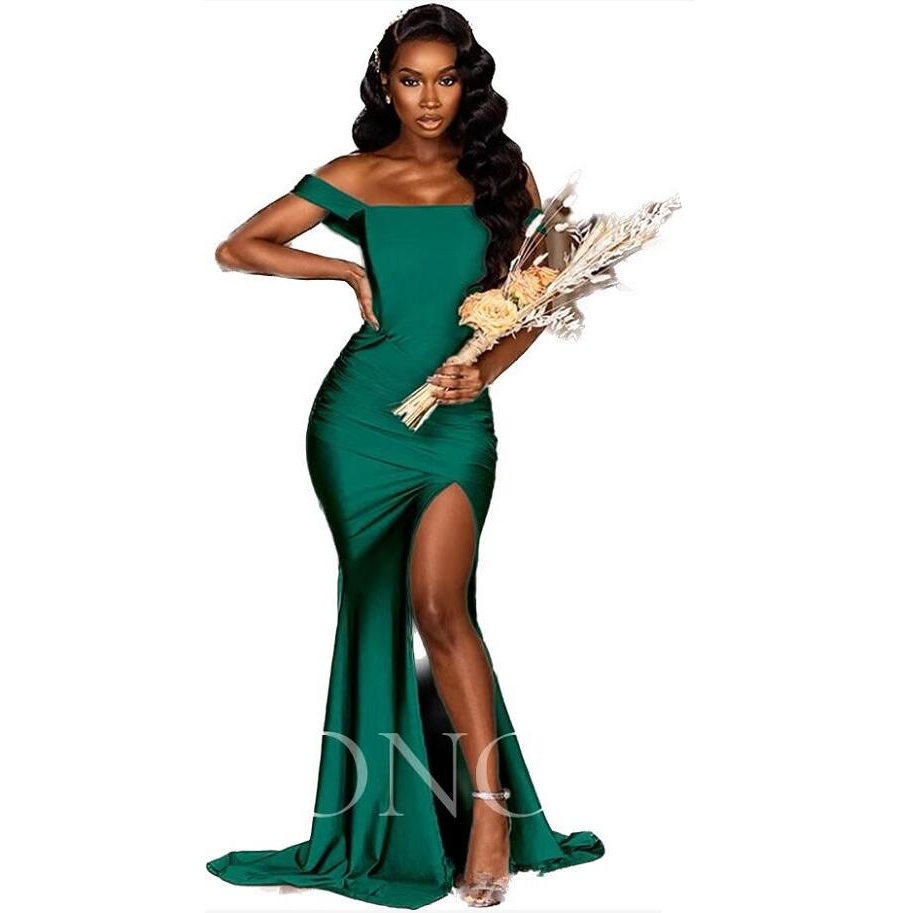 2023 Hunter Green Satin Party Dress for Wedding Side Split Bridesmaid Dresses Off the Shoulder Robe Elegant Gowns Weddings Evening Robe Under 70