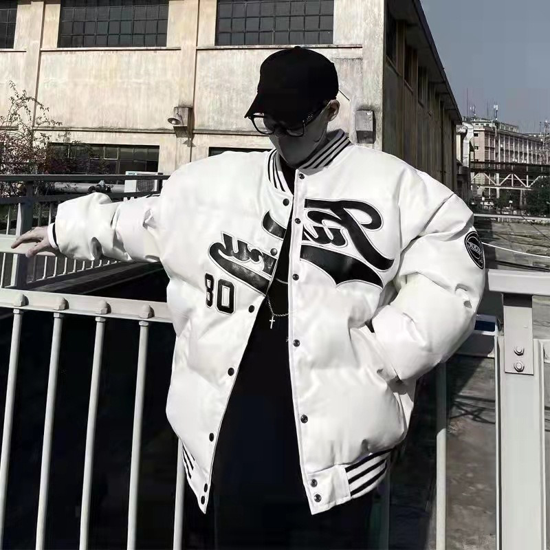 Men's Down Parkas Hip Hop PU Leather Baseball Jacket Man Women Trend Letter Embroidery Winter Coats Mens Autumn Casual Loose Thicken Parka 221129