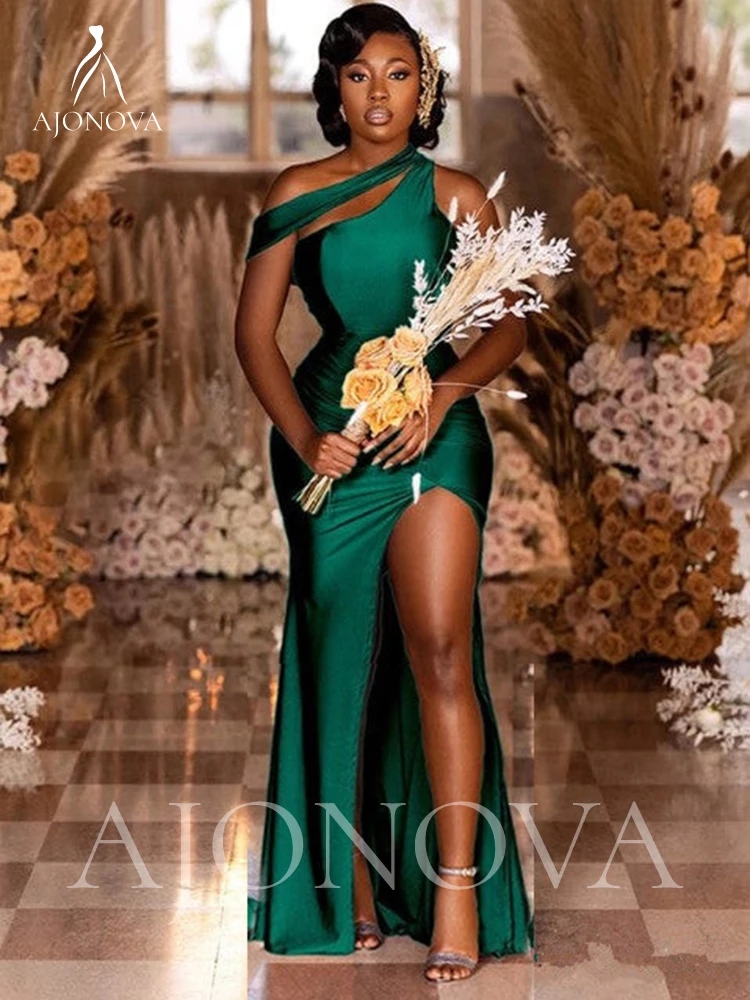 2023 Hunter Green Satin Party Dress for Wedding Side Split Bridesmaid Dresses Off the Shoulder Robe Elegant Gowns Weddings Evening Robe Under 70