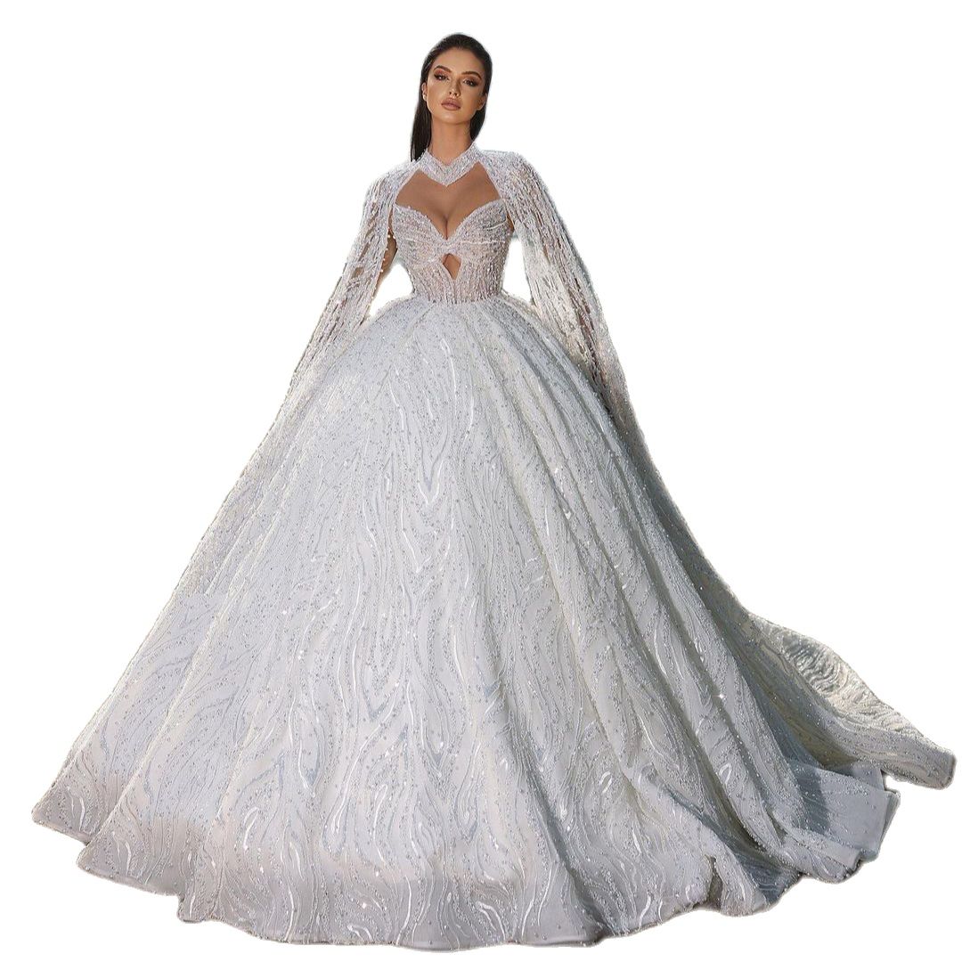 Exquisite Beading Wedding Dress Ball Gown Custom Made Shiny High Neck Sequins Lace Church Bridal Dresses