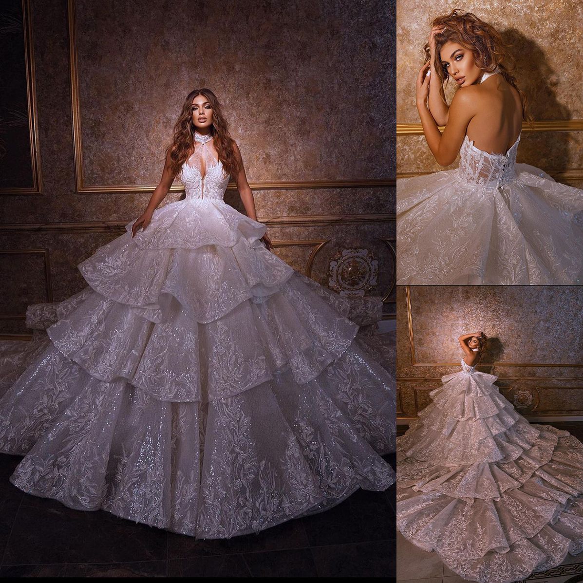 urious Tiered Wedding Dress Ball Gown Custom Made Halter Sequins Lace Backless Church Bridal Dresses