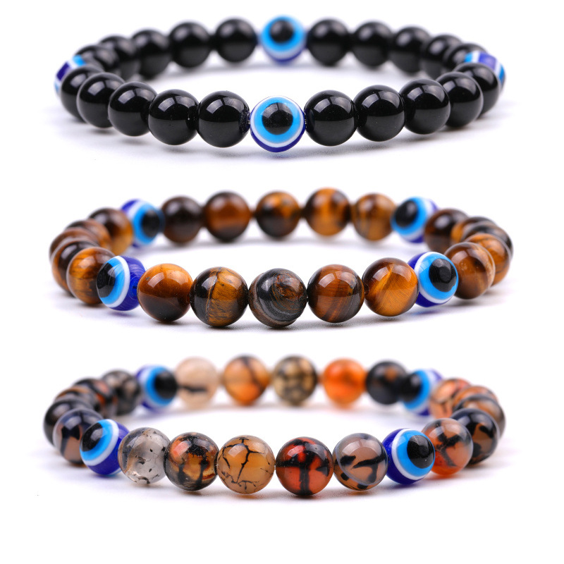 Evil Eye Bracelet 8mm Natural Tiger Eye Stone Blue Eyes Beads Handmade Elasticity Bracelets for Men Women Yoga Reiki Jewelry