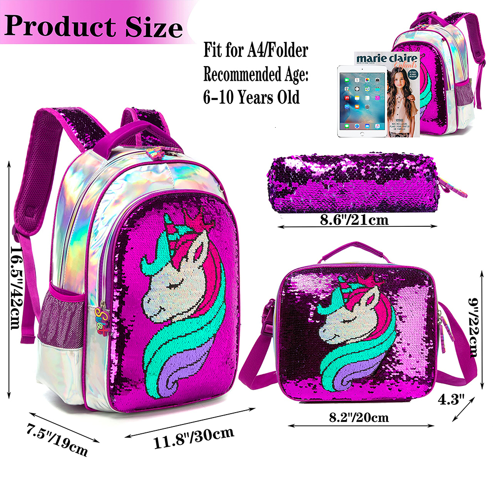 Backpacks BIKAB Unicorn School Bag Double Sided Sequin Set Lightweight Kawaii Girl Supplies for Girls 221129